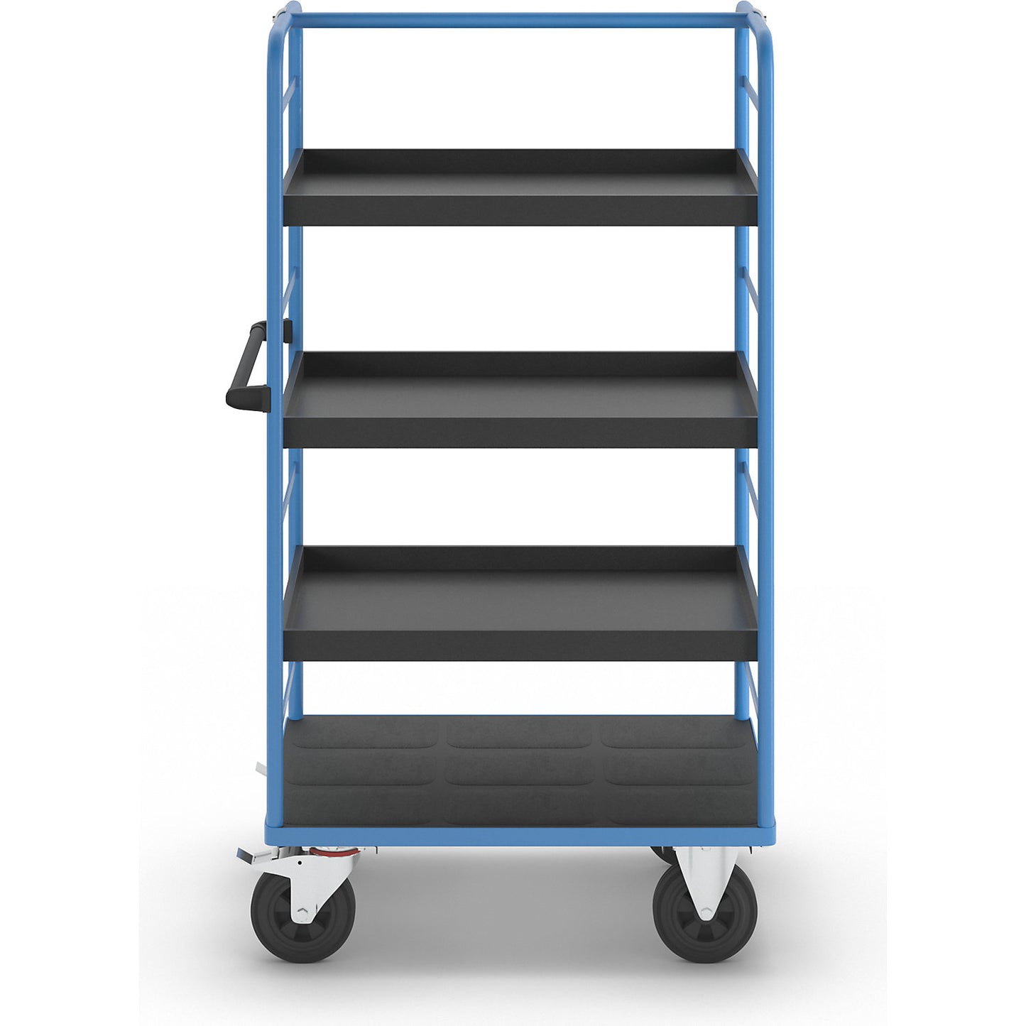 Shelf truck, 2 side panels, platform 975 x 700 mm, 4 levels, with edge, solid rubber.