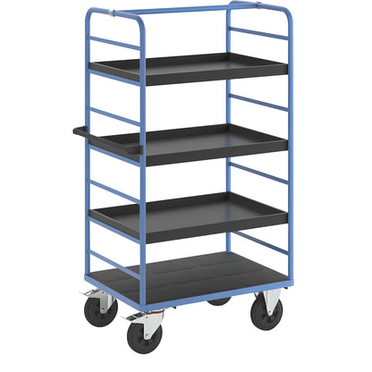 Shelf truck, 2 side panels, platform 975 x 700 mm, 4 levels, with edge, solid rubber.