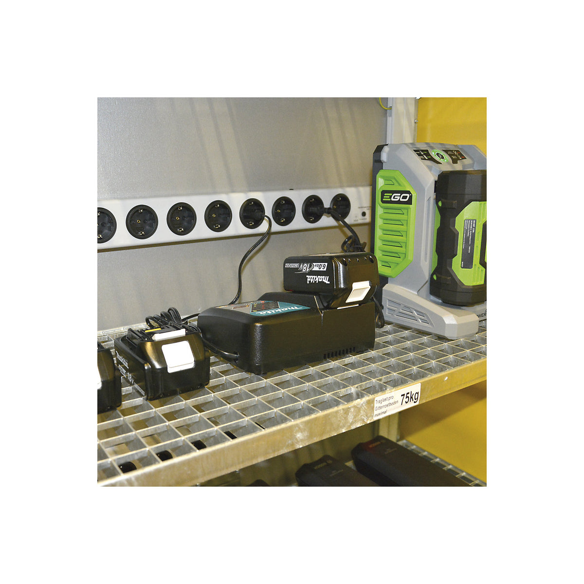 SiS Li-Ion Basic Charge EI 90 battery charging safety cabinet, without fire suppression system, HxW 2048 x 1148 mm, 4 trailing sockets.