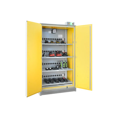 SiS Li-Ion Basic Charge EI 90 battery charging safety cabinet, without fire suppression system, HxW 2048 x 1148 mm, 4 trailing sockets.