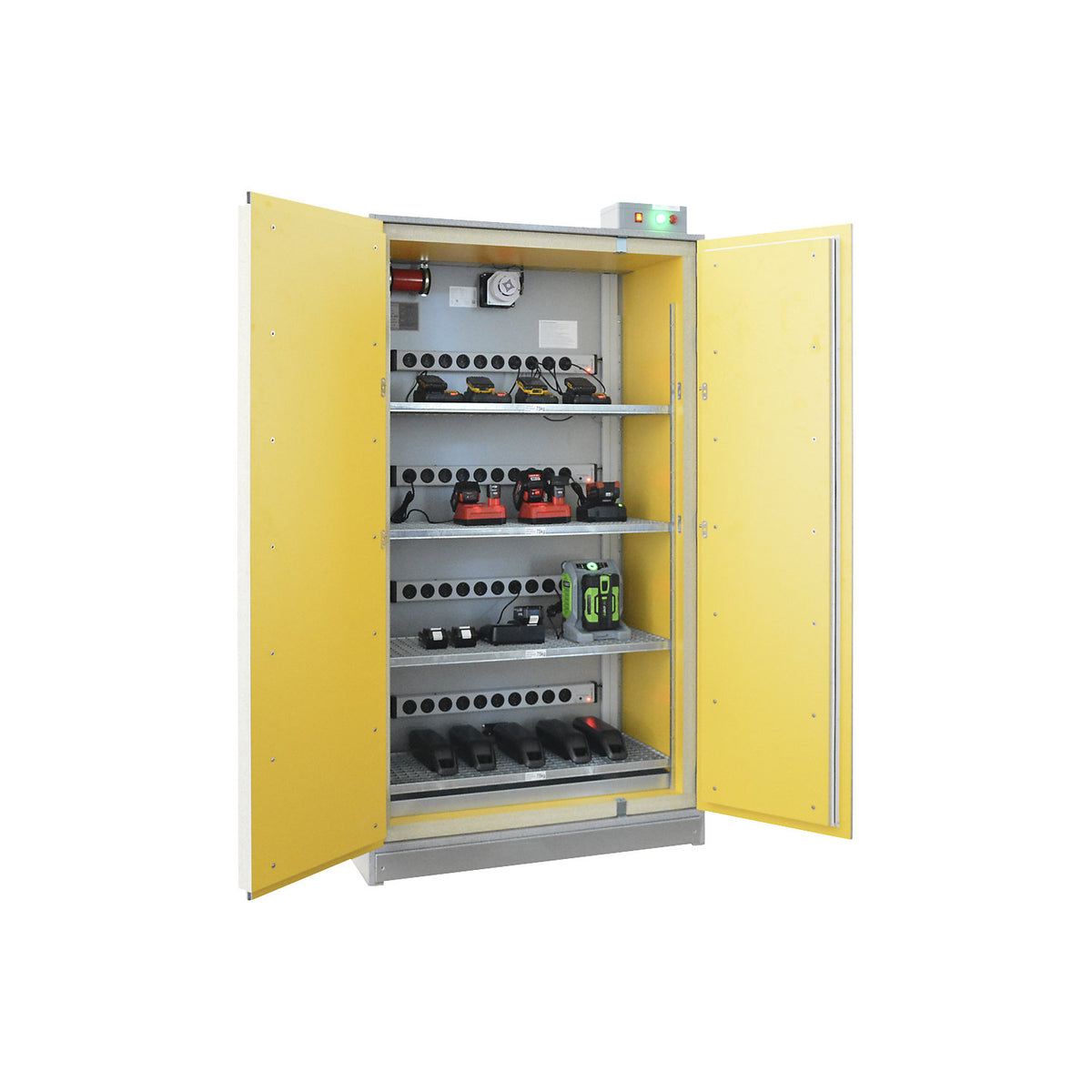 SiS Li-Ion Basic Charge EI 90 battery charging safety cabinet, with fire suppression system, HxW 2048 x 1148 mm, 4 trailing sockets.