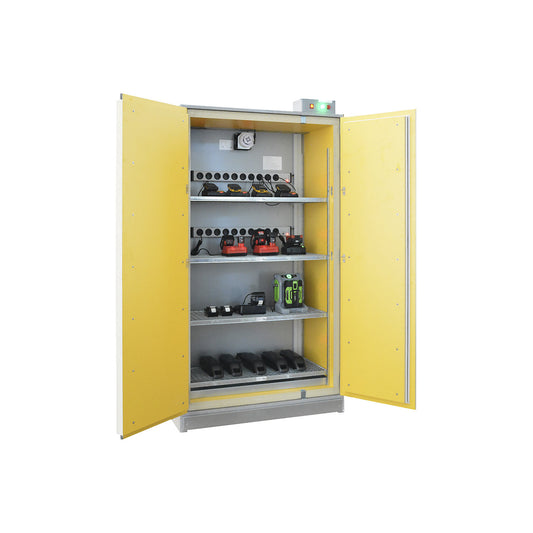 SiS Li-Ion Basic Charge EI 90 battery charging safety cabinet, without fire suppression system, HxW 2048 x 1148 mm, 2 power strips.