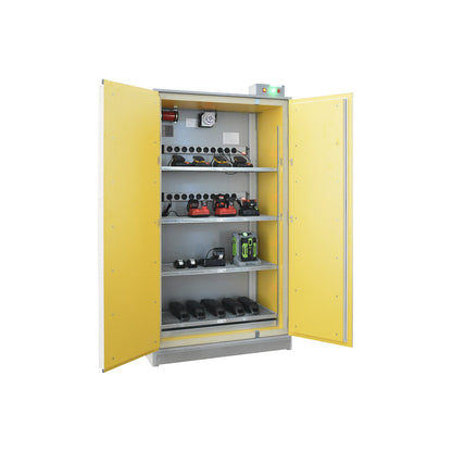 SiS Li-Ion Basic Charge EI 90 battery charging safety cabinet, with fire suppression system, HxW 2048 x 1148 mm, 2 trailing sockets.