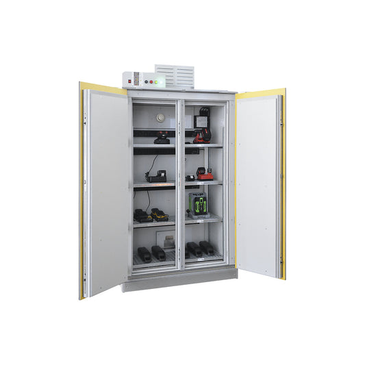 SiS Li-Ion 90 Safe Pro battery charging safety cabinet, without fire suppression system, HxW 2250 x 1212 mm, 4 trailing sockets, 400 V.