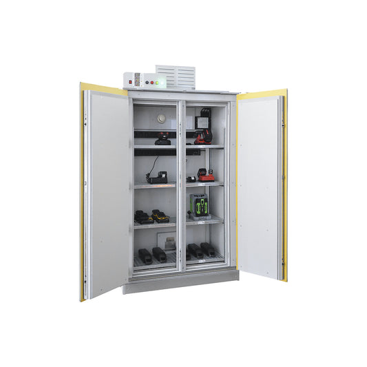 SiS Li-Ion 90 Safe Pro battery charging safety cabinet, without fire suppression system, HxW 2250 x 1212 mm, 2 trailing sockets, 400 V.