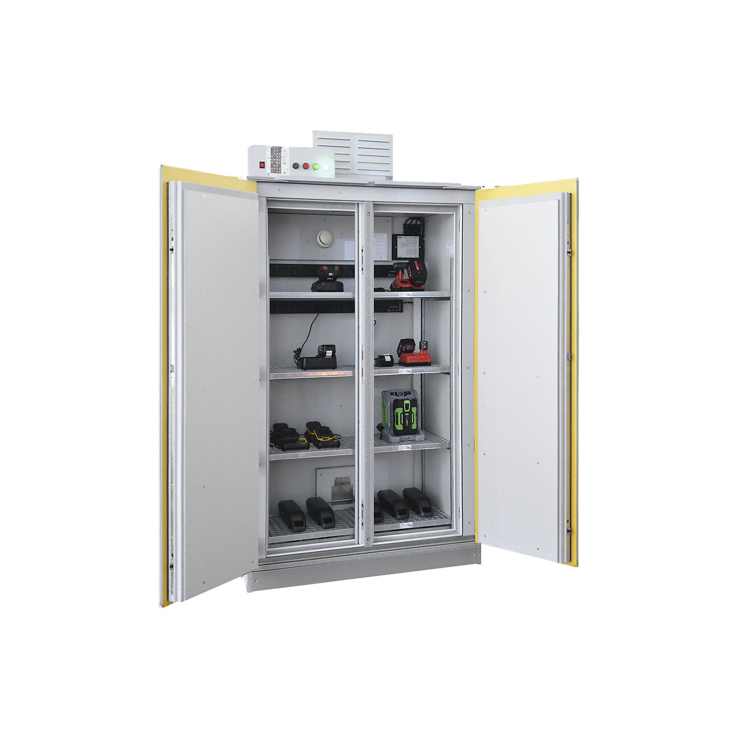 SiS Li-Ion 90 Safe Pro battery charging safety cabinet, without fire suppression system, HxW 2250 x 1212 mm, 2 trailing sockets, 400 V.