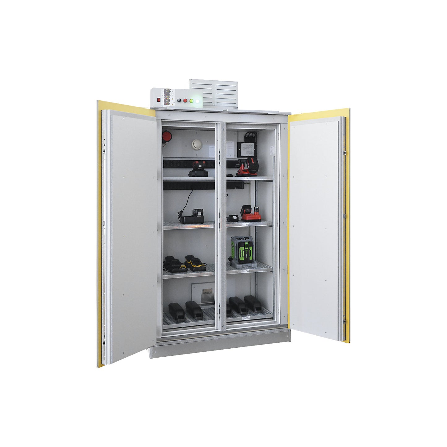 SiS Li-Ion 90 Safe Pro battery charging safety cabinet, with fire suppression system, HxW 2250 x 1212 mm, 2 trailing sockets, 400 V.