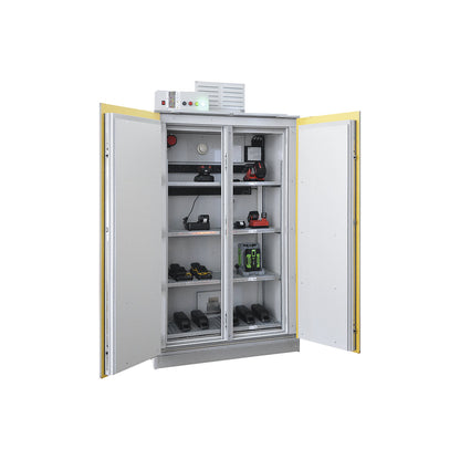 SiS Li-Ion 90 Safe Pro battery charging safety cabinet, with fire suppression system, HxW 2250 x 1212 mm, 2 trailing sockets, 400 V.