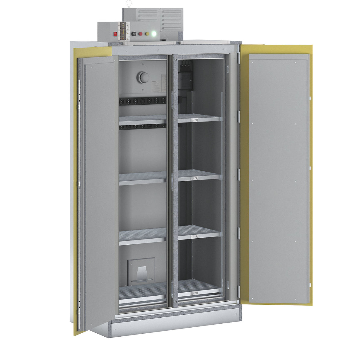 SiS Li-Ion 90 Safe Pro battery charging safety cabinet, with fire suppression system, HxW 2250 x 1212 mm, 2 trailing sockets, 400 V.