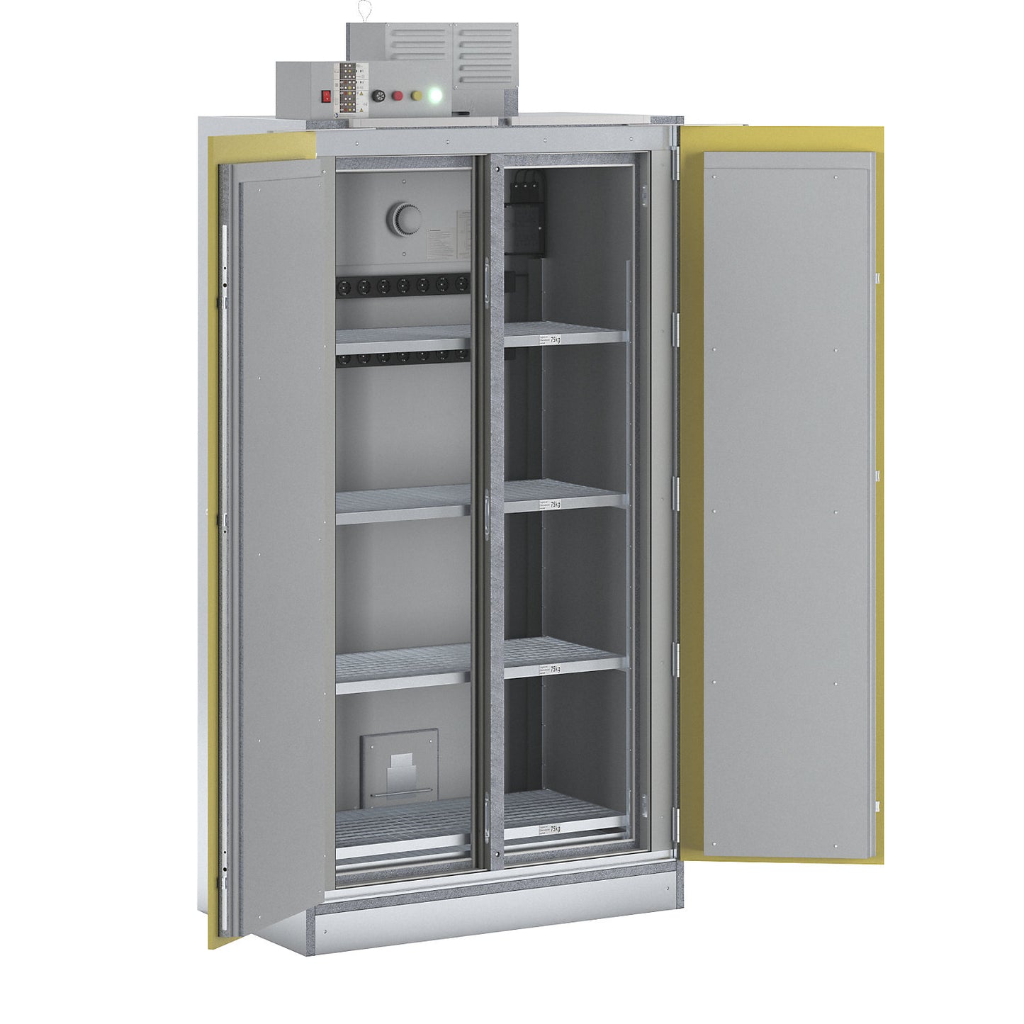 SiS Li-Ion 90 Safe Pro battery charging safety cabinet, with fire suppression system, HxW 2250 x 1212 mm, 2 trailing sockets, 400 V.