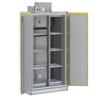 SiS Li-Ion 90 Safe Pro battery charging safety cabinet, with fire suppression system, HxW 2250 x 1212 mm, 2 trailing sockets, 400 V.