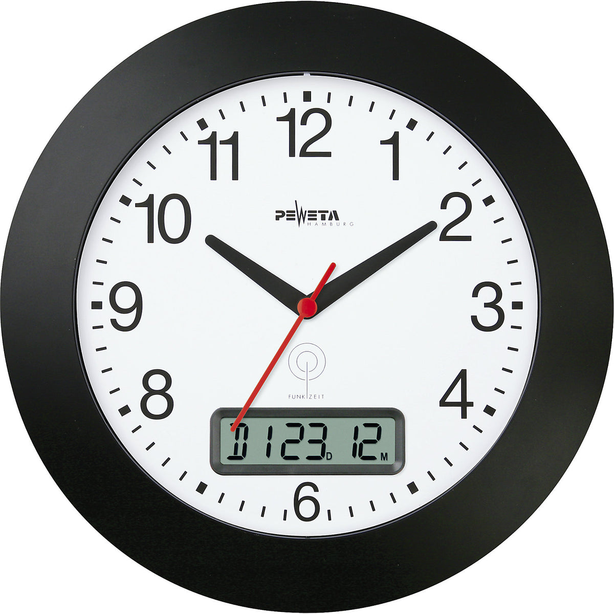 Radio-controlled wall clock with digital date display, plastic, black, 300 mm.