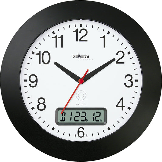 Radio-controlled wall clock with digital date display, plastic, black, 300 mm.