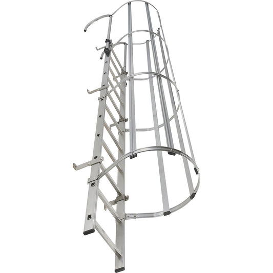 Fixed ladder with safety rail on the back, type ALM, rung WxD 440 x 30 mm, aluminium, 11 rungs.