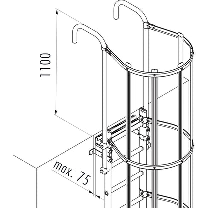 Fixed ladder with safety rail on the back, type ALM, rung WxD 440 x 30 mm, aluminium, 13 rungs.