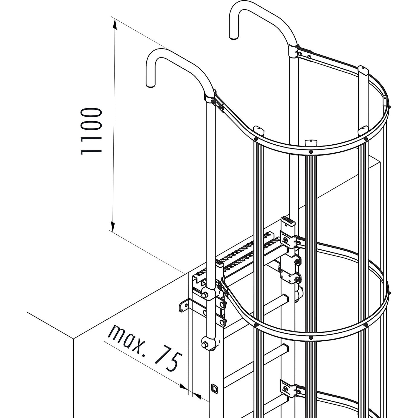 Fixed ladder with safety rail on the back, type STM, steel, hot dip galvanised, 26 rungs.