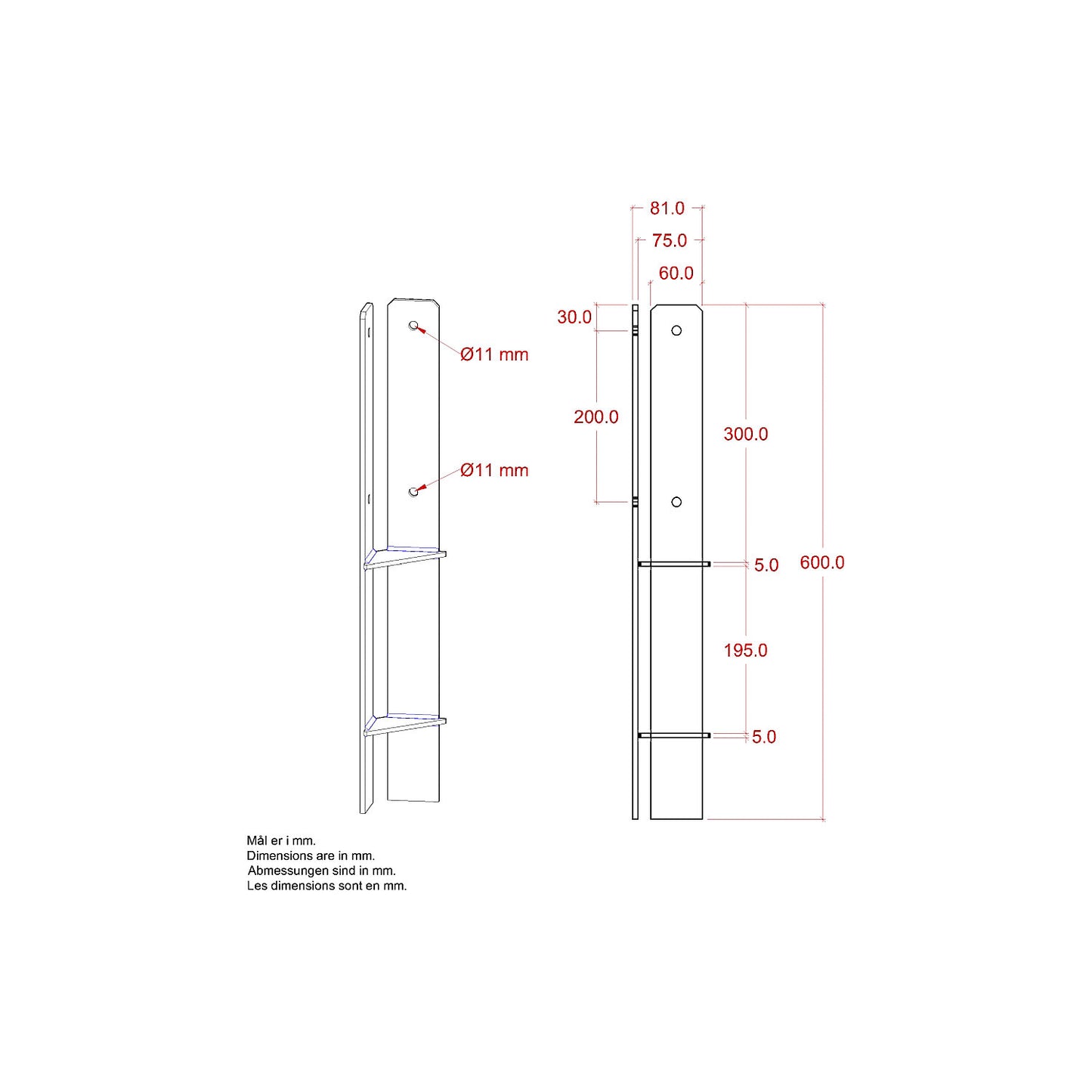 Corner post base, HxWxD 600 x 60 x 60 mm, silver.