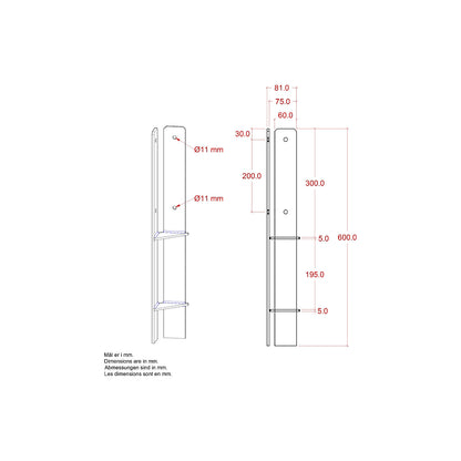 Corner post base, HxWxD 600 x 60 x 60 mm, silver.