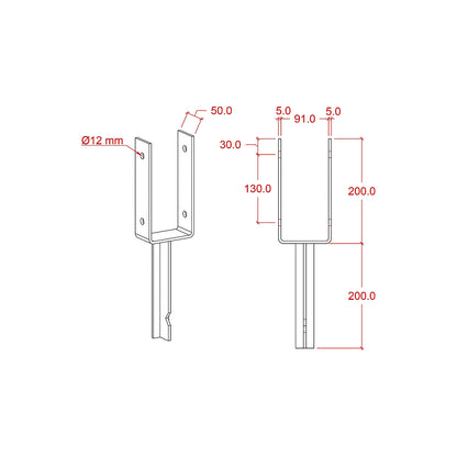 U-post base, HxWxD 400 x 91 x 50 mm, black.