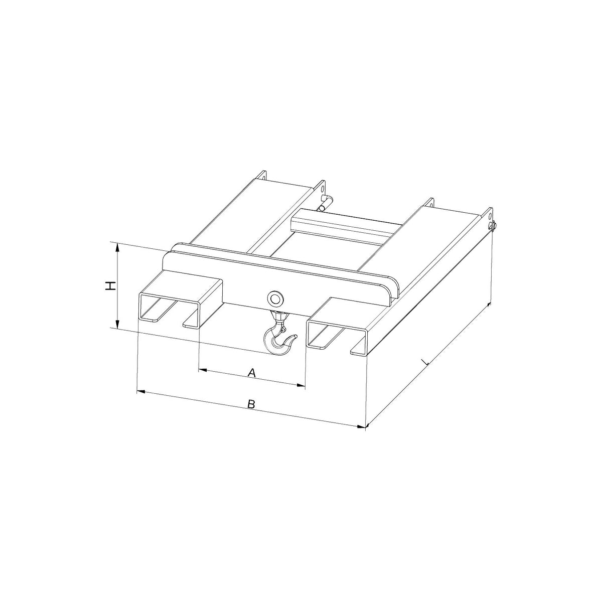 Stacker attachment with load hook, for 2 fork tips, max. load 5000 kg, zinc plated.