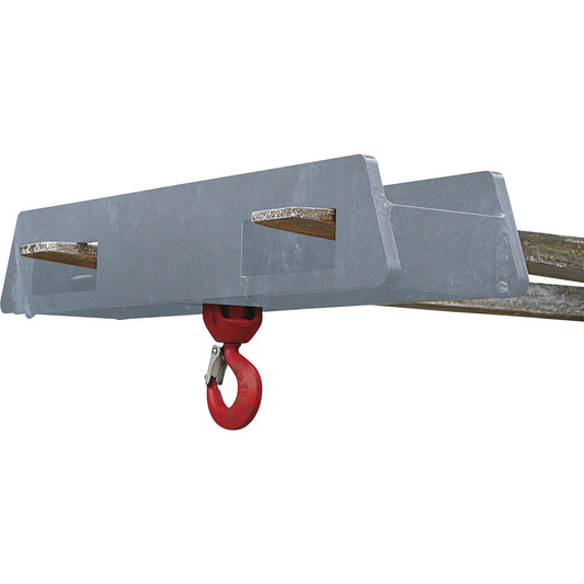 Stacker attachment with load hook, over 2 fork tips, max. load 5000 kg, zinc plated.