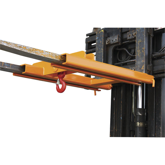 Stacker attachment with load hook, for 2 fork tips, max. load 2000 kg, orange.