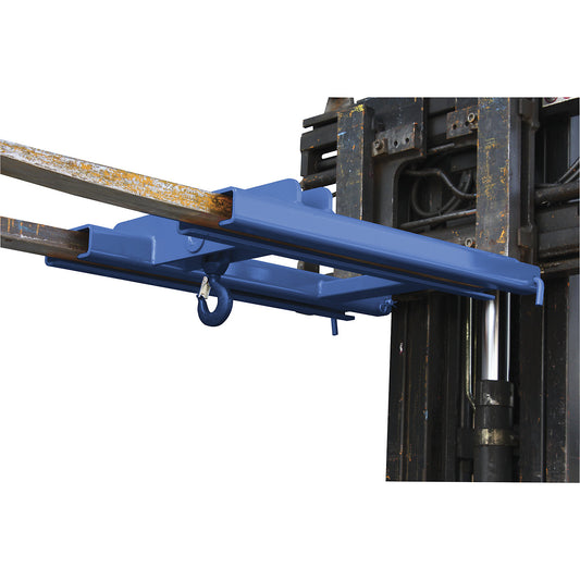 Stacker attachment with load hook, for 2 fork tips, max. load 3000 kg, blue.