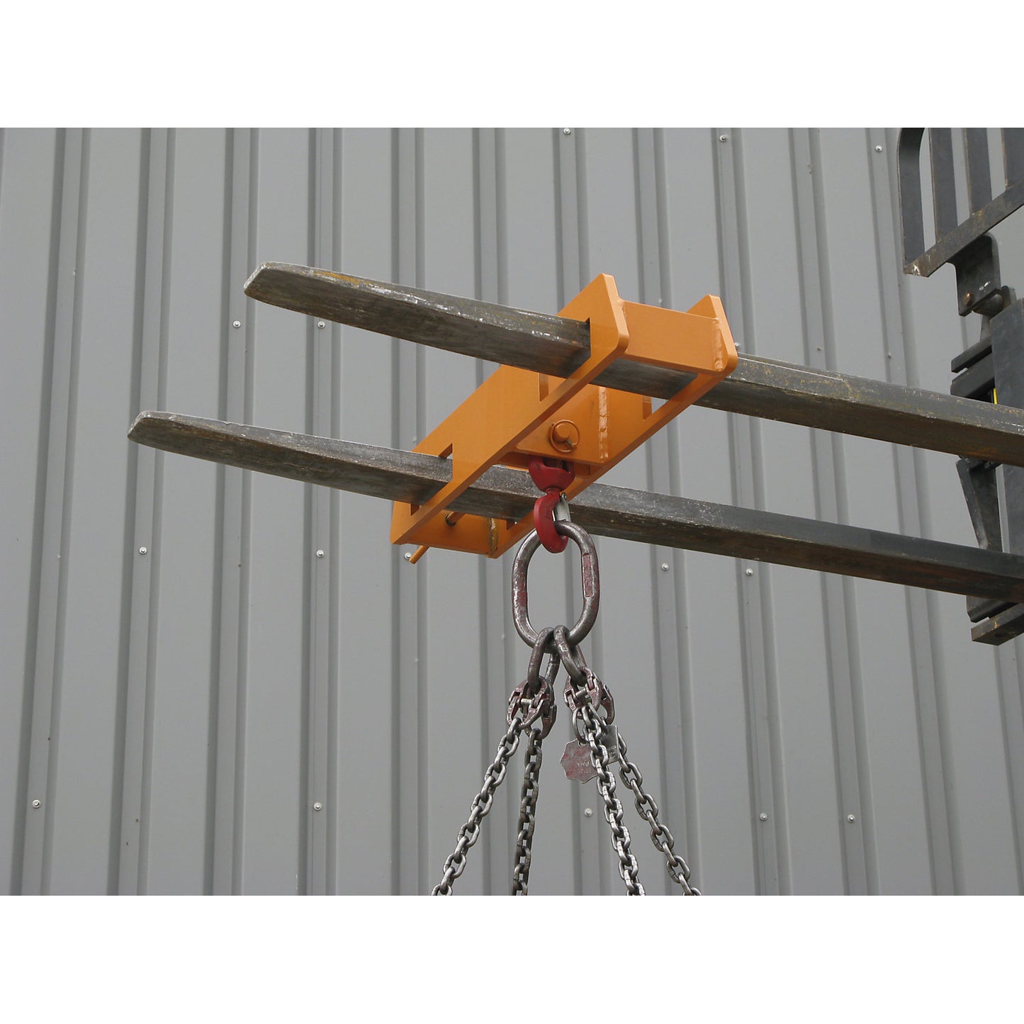 Stacker attachment with load hook, over 2 fork tips, max. load 5000 kg, grey.