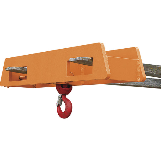 Stacker attachment with load hook, over 2 fork tips, max. load 2500 kg, orange.