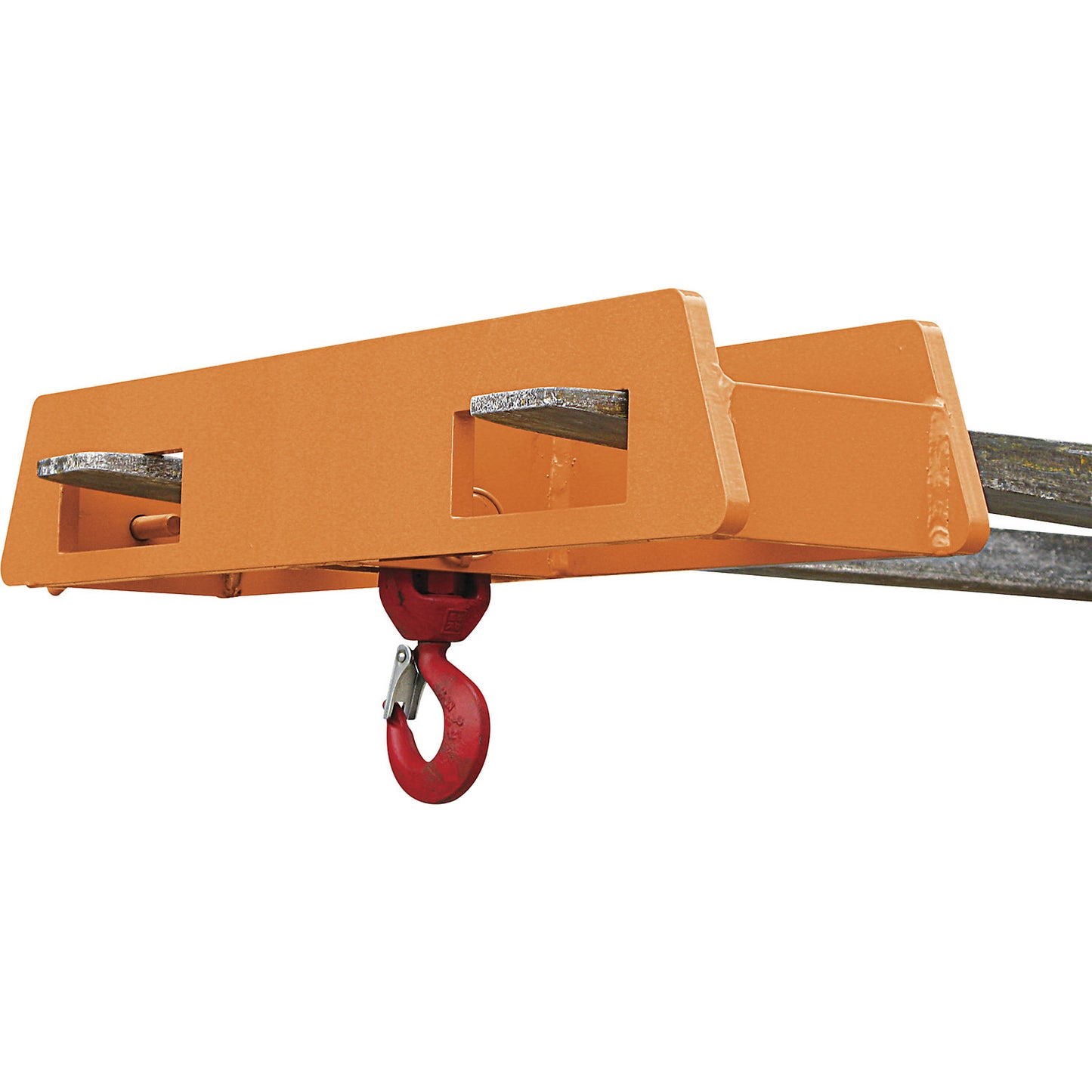 Stacker attachment with load hook, over 2 fork tips, max. load 5000 kg, orange.