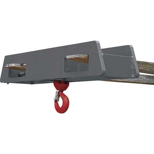 Stacker attachment with load hook, over 2 fork tips, max. load 5000 kg, grey.