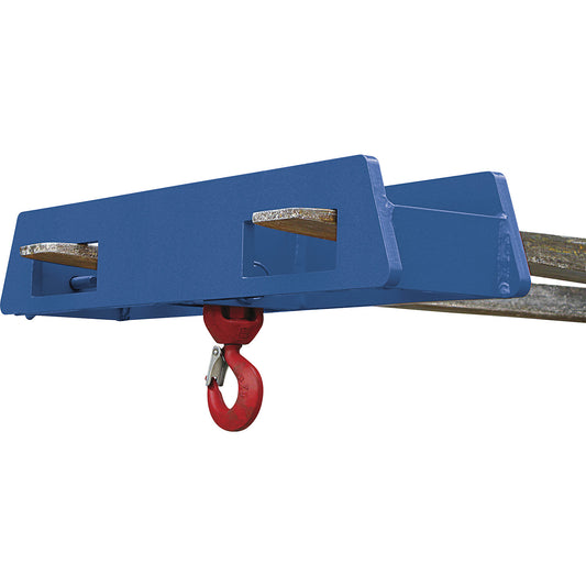 Stacker attachment with load hook, over 2 fork tips, max. load 5000 kg, blue.