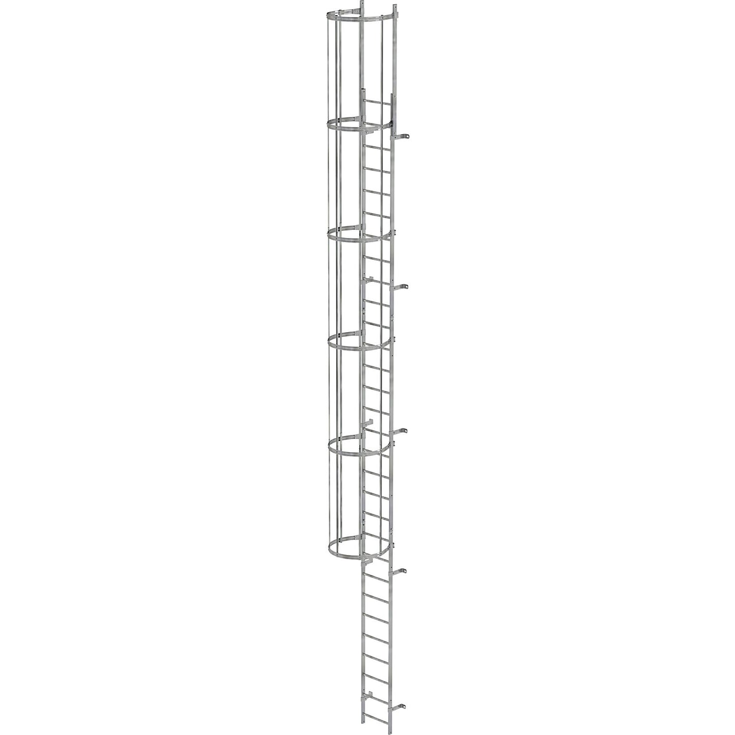 Fixed ladder with safety rail at the back, single sided, height 9.6 m.