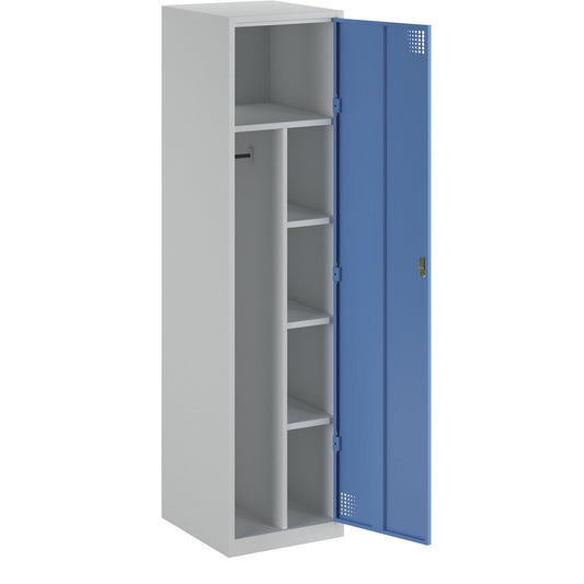 Alvina cleaning cupboard, partition in centre, light grey / light blue, cylinder lock.