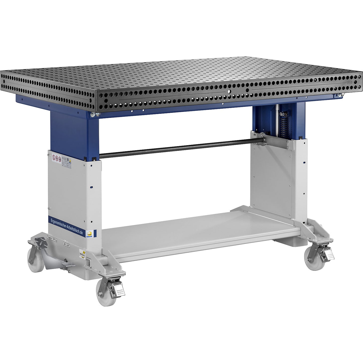 Welding table SUPPORTER, height adjustable, max. load 1200 kg, with steel pegboard.