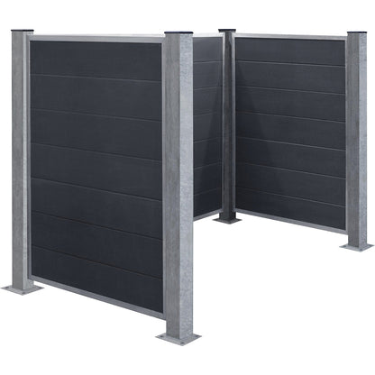 Waste bin enclosure, with WPC planks and steel posts, length 1960, for dowel mounting.