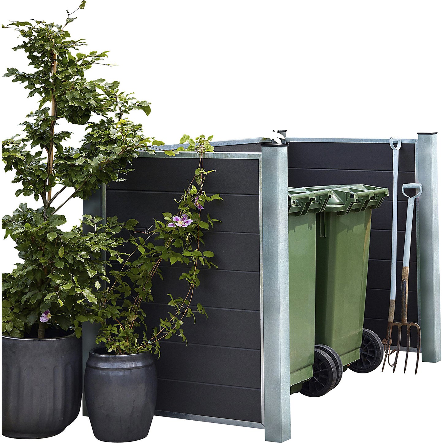 Waste bin enclosure, with WPC planks and steel posts, length 1960, for concreting in.