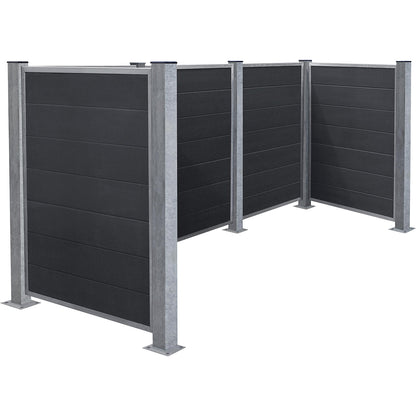 Waste bin enclosure, with WPC planks and steel posts, length 3020, for dowel mounting.