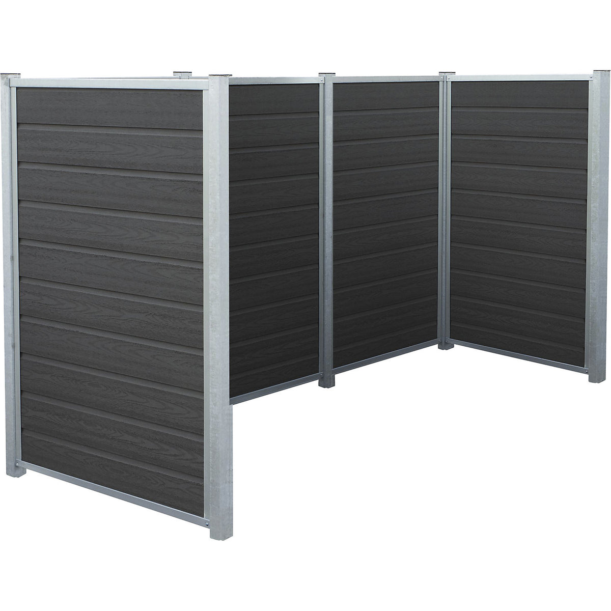 Waste bin enclosure Artura, with WPC planks and steel posts, LxWxH 2880 x 990 x 1420 mm.