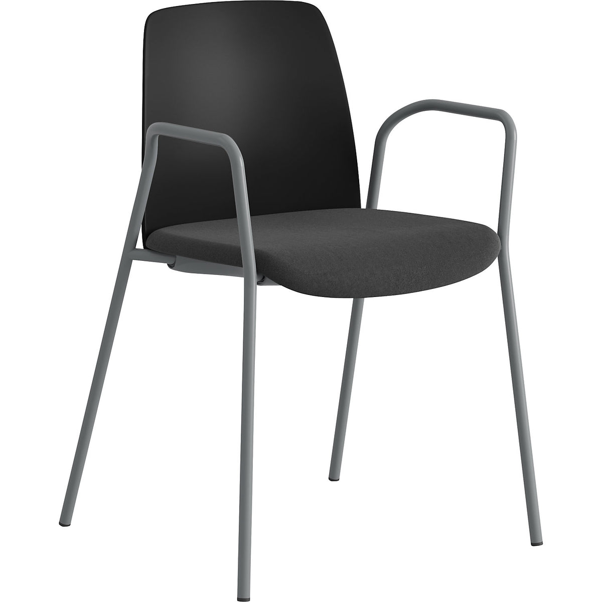 Chair Helmer, upholstered seat, plastic backrest, pack of 4, seat black, frame silver, with arm rests.
