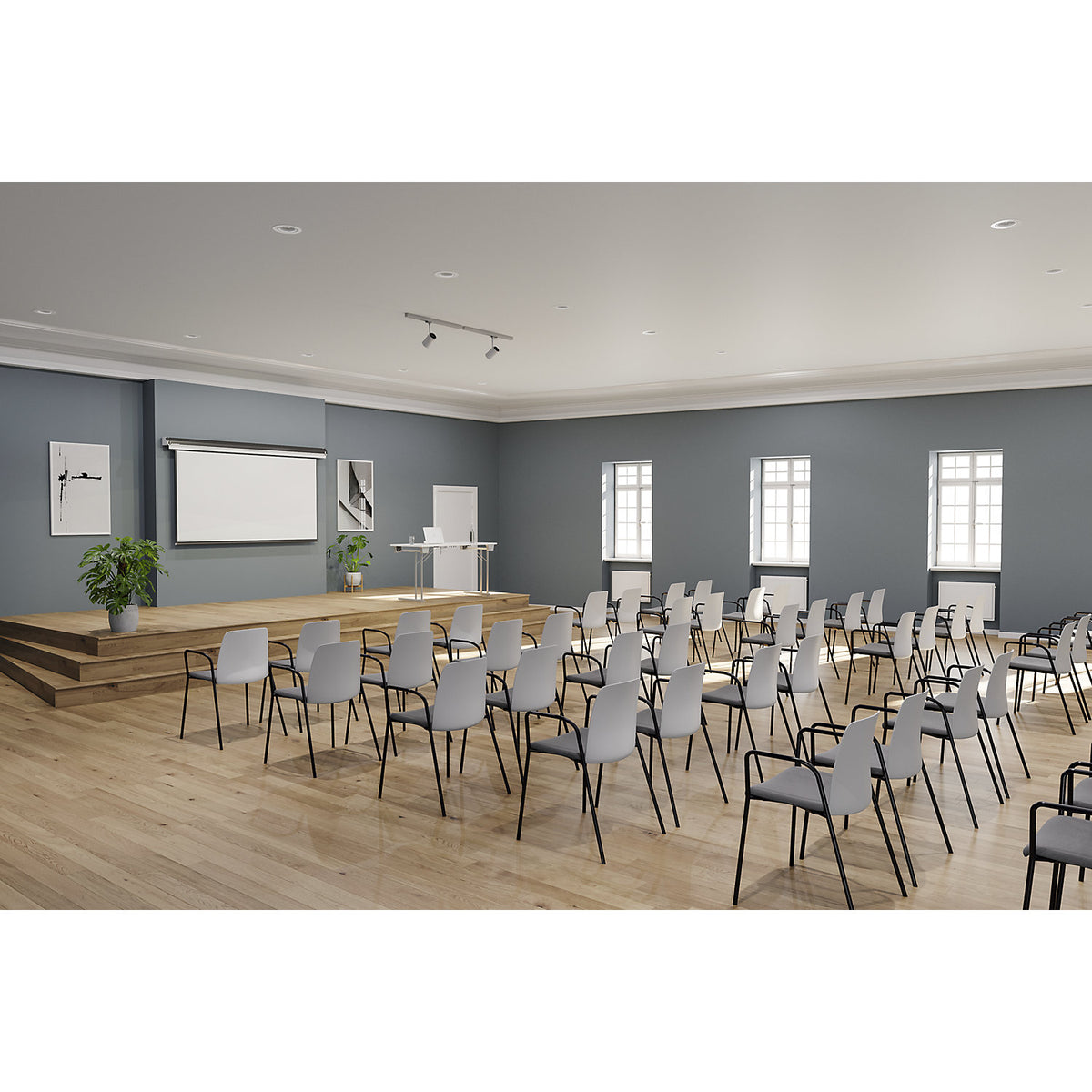 Chair Helmer, upholstered seat, plastic backrest, pack of 4, seat white/dark grey, frame black, with arm rests.