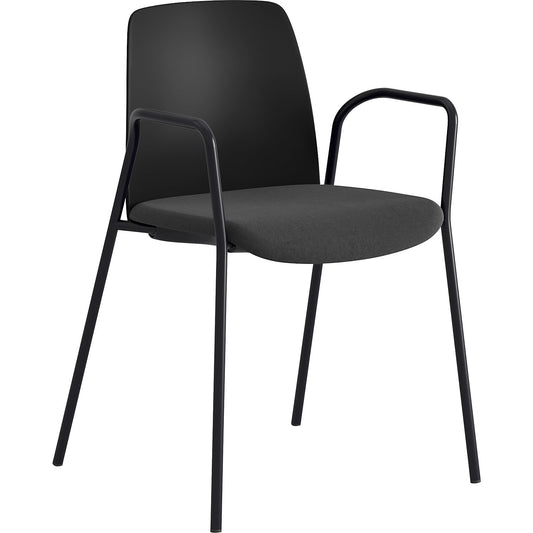 Chair Helmer, upholstered seat, plastic backrest, pack of 4, seat black, frame black, with arm rests.
