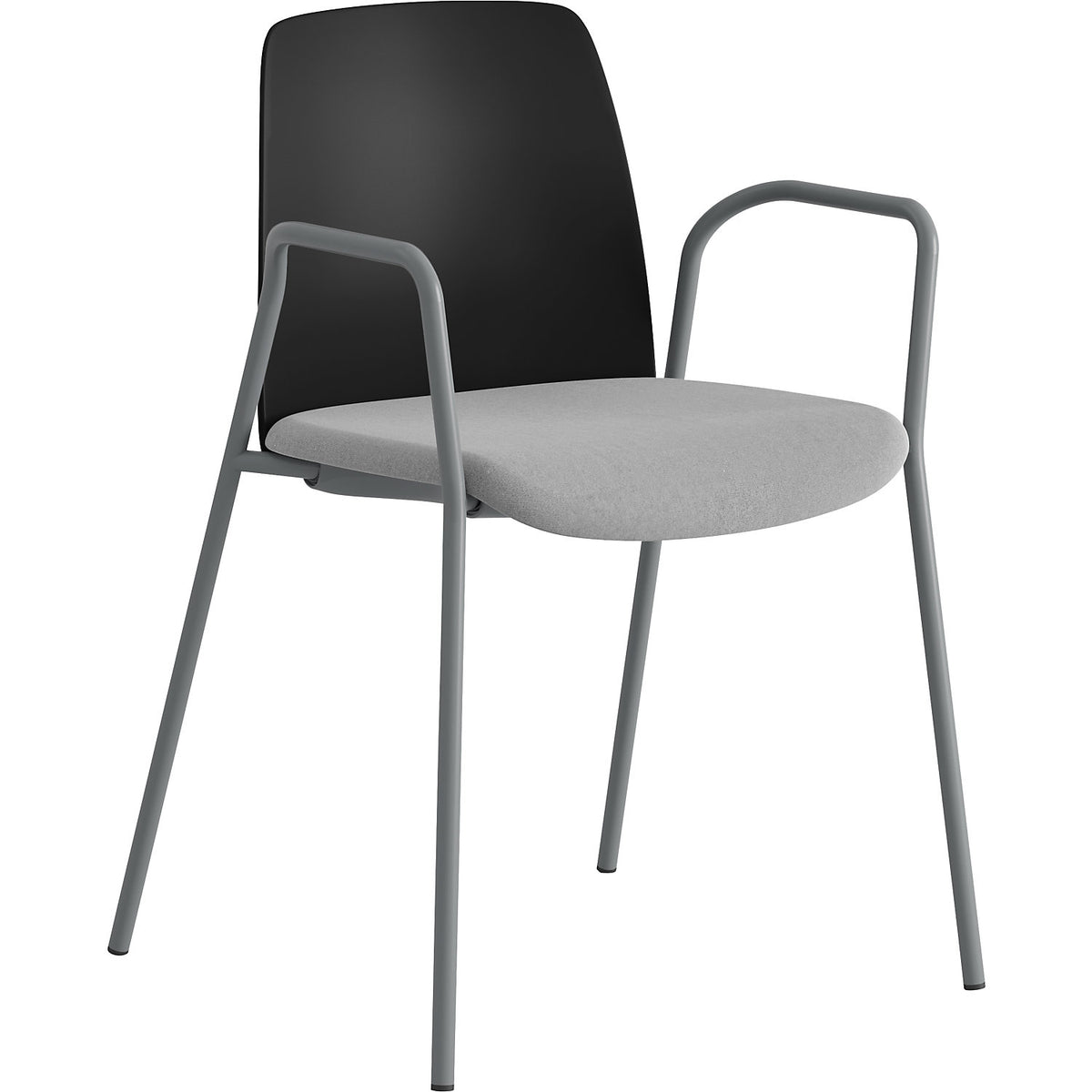 Chair Helmer, upholstered seat, plastic backrest, pack of 4, seat black/light grey, frame silver, with arm rests.