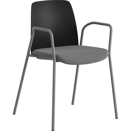 Chair Helmer, upholstered seat, plastic backrest, pack of 4, seat black/dark grey, frame silver, with arm rests.