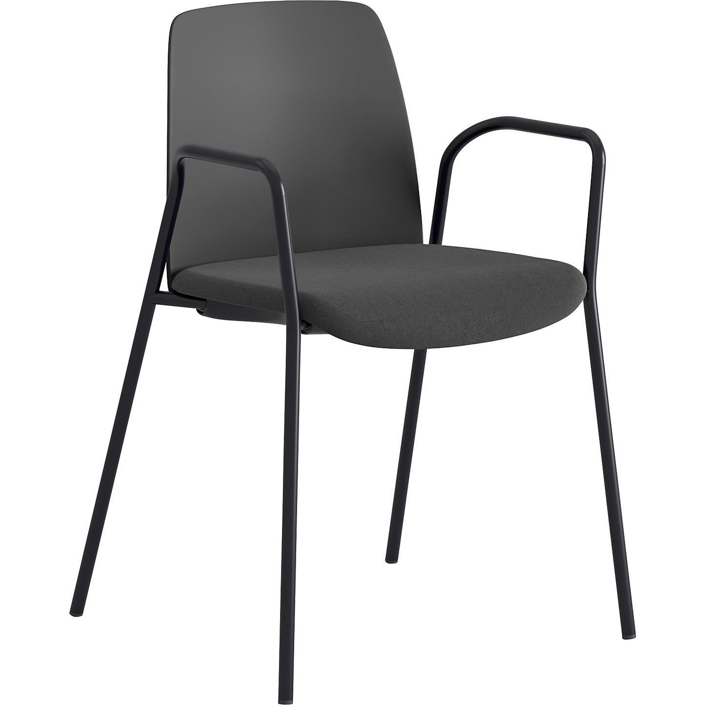 Chair Helmer, upholstered seat, plastic backrest, pack of 4, seat dark grey/black, frame black, with arm rests.