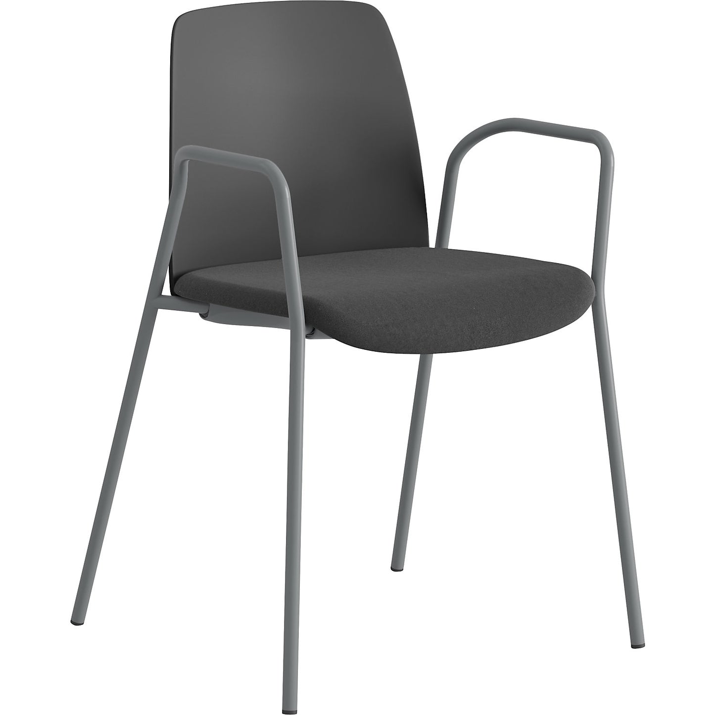 Chair Helmer, upholstered seat, plastic backrest, pack of 4, seat dark grey/black, frame silver, with arm rests.