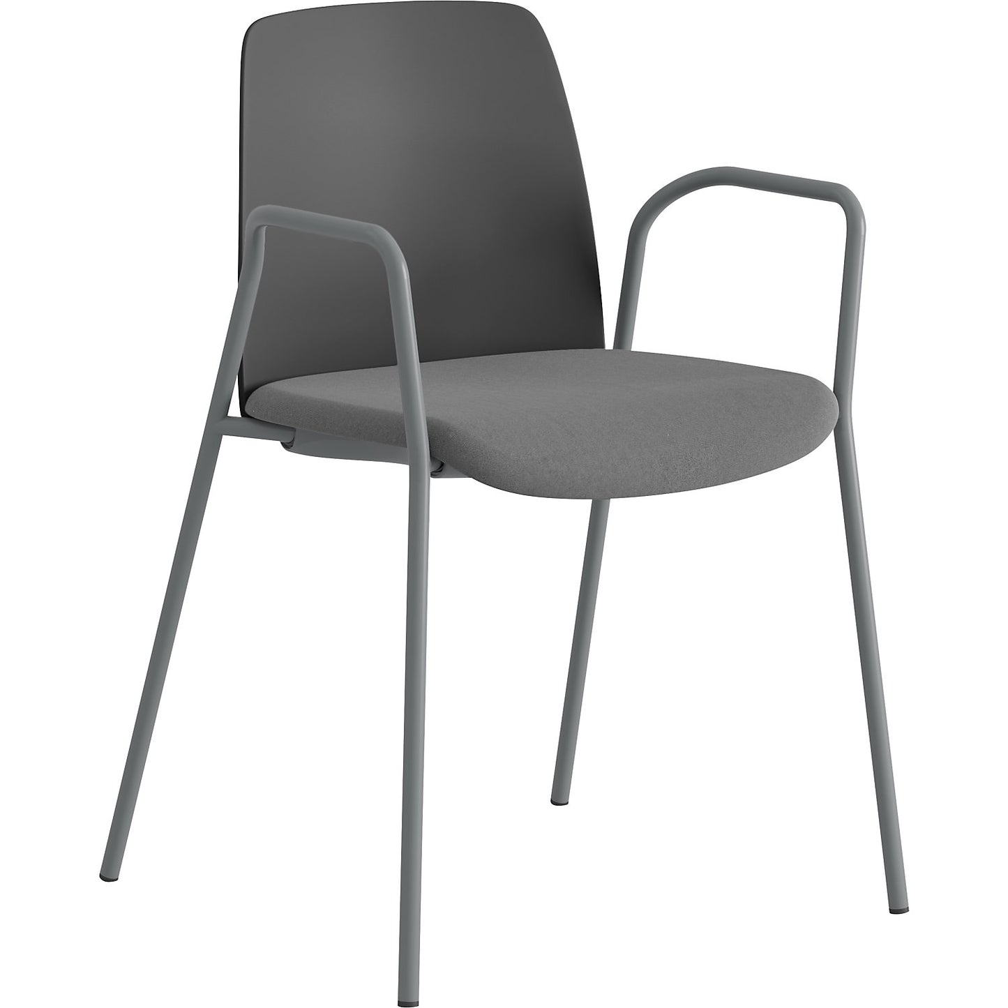 Chair Helmer, upholstered seat, plastic backrest, pack of 4, seat dark grey, frame silver, with arm rests.