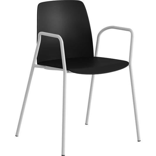 Chair Helmer, seat/backrest made of plastic, pack of 4, seat black, frame white, with arm rests.