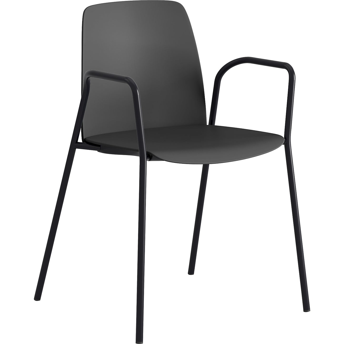 Chair Helmer, seat/backrest made of plastic, pack of 4, seat dark grey, frame black, with arm rests.