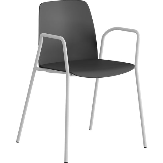 Chair Helmer, seat/backrest made of plastic, pack of 4, seat dark grey, frame white, with arm rests.